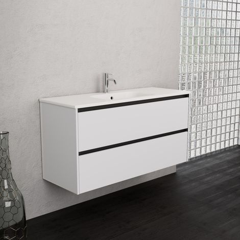 Inda - Badezimmerschrank 2 Schubladen B.120 mit mattiertem Waschbecken / Mattweiß - Smeraldo (1/5)