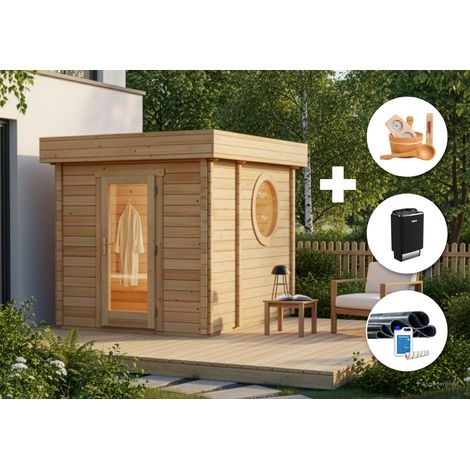 Kit tout-en-un sauna extérieur Cubus Naturel , 70 mm Épaisseur de paroi 264 x 321 cm (1/5)