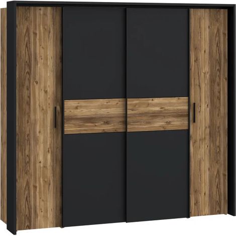 Armoire penderie 209 cm bois épicéa noir mat – 2 portes coulissantes et battantes – 10 espaces de rangement – Fabrication Europe – Meubletmoi (1/5)
