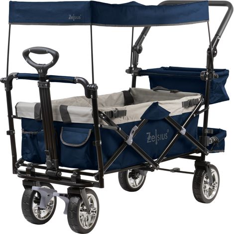 Zelsius – Chariot de jardin pliable à pédales avec toit – Charge maximale 90 kg – Dimensions 55x120x98 cm – Système de ceinture intégré – Roues pivotantes 360°