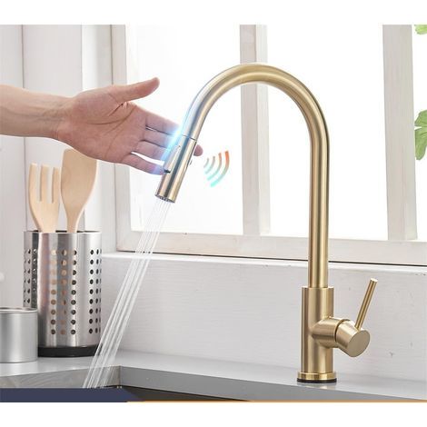 Robinets de cuisine à capteur tactile en or brossé, robinet mitigeur tactile inductif sensible, poignée unique, double sortie d'eau (1/4)