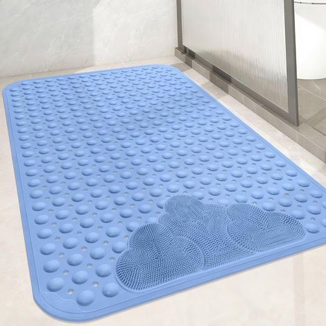 Tapis de Douche antidérapant 80 x 120 cm Extra Long Tapis de Douche Confortable avec ventouses Tapis de Douche antidérapant en TPE Lavable en Machine Bleu 80 x 120cm (1/5)
