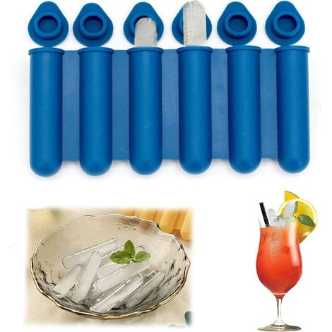 Moldes de silicona para mini cubitos de hielo con tapa, estrechos y largos, fáciles de empujar y colocar, para hacer 6 botellas de agua, aptos para rellenar bebidas embotelladas (Azul)