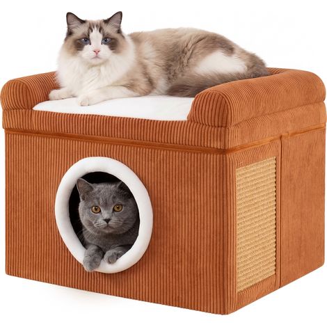 Maison pour Chat Pliable à 2 Niveaux, Condo, Tapis à Griffer en Sisal, Niche Chat Interieur, Coussin Doux, Charge 15 KG, 49 x 41 x 39 CM, Brun (1/5)