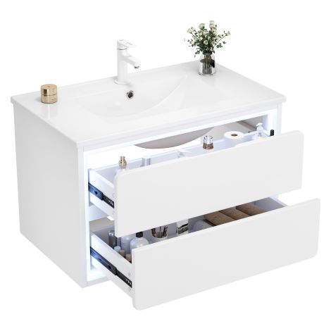 Waschtischunterschrank hängend 76x46x48,5 cm, Badmöbel Set mit Waschbecken, weißer Waschtisch mit 2 Schubladen, LED Sensorlicht, wandmontiert