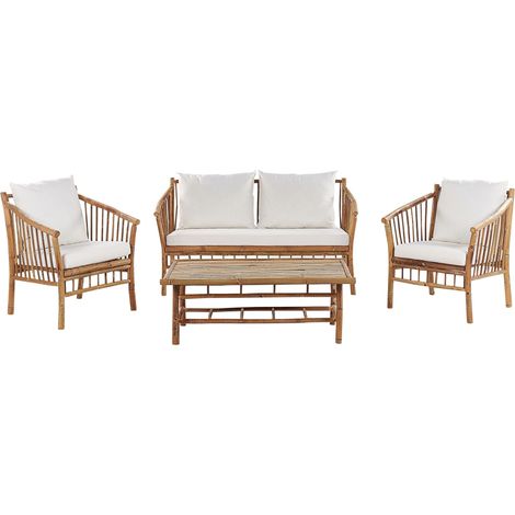 Set da giardino 4 posti legno di bambù chiaro cuscini bianchi e tavolo Maggiore