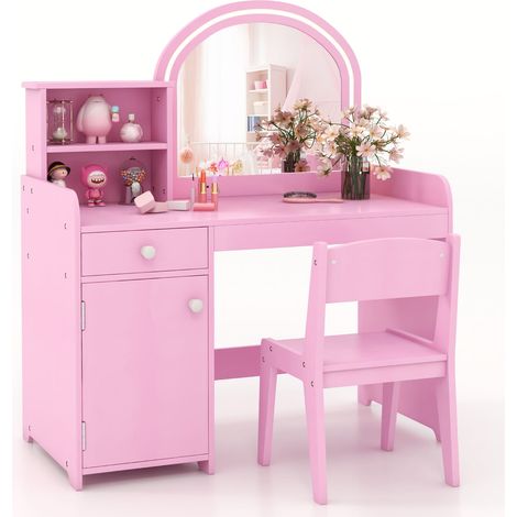 COSTWAY Kids Vanity Table Chair Set Lighted Mirror Storage Drawer Cabinet (1/5)