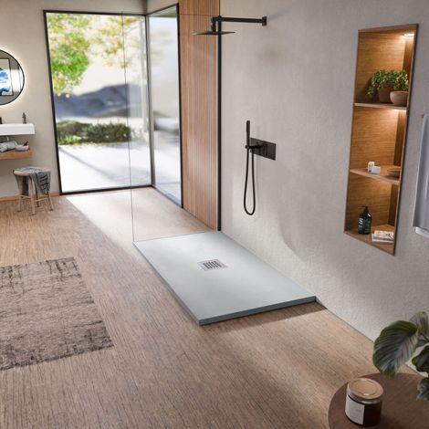 BELLOBATH - Receveur de douche en résine antidérapante - Texture ardoise douce -Avec la bonde et la grille comprises - Ciment - 70 X 80 cm