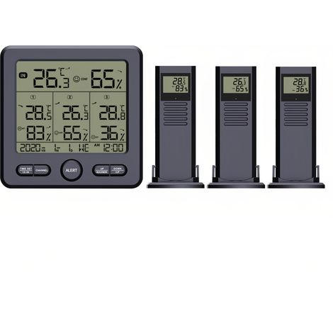Thermomètre Hygromètre Numérique avec 3 Capteurs Sans Fil Écran LCD Rétroéclairé Température Humidité Station Météo Heure Date (1/5)