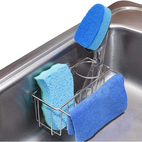 Porte-éponge adhésif en acier inoxydable + porte-brosse + crochet pour torchon, 3 en 1, pour évier de cuisine, antirouille et étanche, sans perçage (1/5)