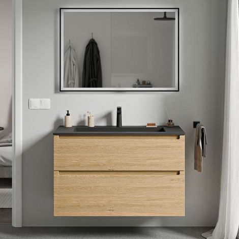 BERNSTEIN - Mobile lavabo sospeso MDF rovere miele, lavello Ghisa nero opaco + foro rubinetto, cassetti girevoli - 80x46x62cm - VIREO	Rovere Miele Oro, Nero opaco con foro rubinetto