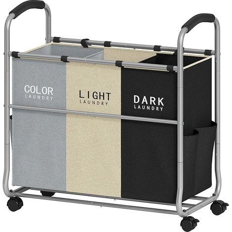Panier à linge 3 sections avec roues verrouillables poches amovibles panier à linge séparé pour ranger vêtements gris beige noir (1/5)