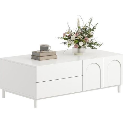 Table basse avec rangement portes cintrées forme rectangulaire rangement intégré panneau de particules mdf pieds en acier (1/5)