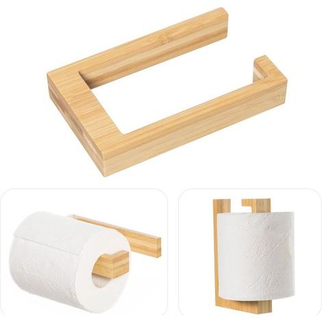 Support Papier Toilette Mural sans Perçage, Porte Rouleau Papier Hygiénique, Porte Papier Toilette en Bambou Bois, Dérouleur Papier Toilette Écologique (1/5)