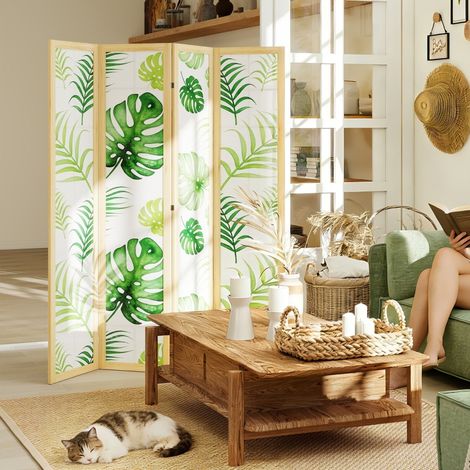 Séparateur de pièce en 4 pièces,pliable,design bohème,motif tropical,paravent autoportant,cadre en bois,vert
