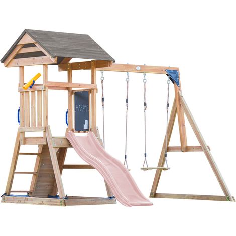 Axi Mia Aire De Jeux En Bois Avec 2 Balançoires, Toboggan Rose Pastel / Aire De Jeux Extérieur, Bac À Sable, Mur D'Escalade  Portique Balançoire/Jeux En Bois Extérieur