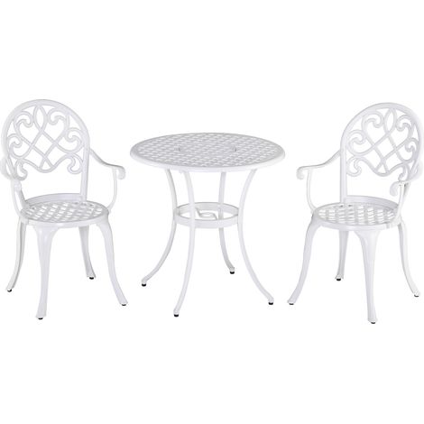 Outsunny 3PCs Garden Bistro Set Cast Aluminium Round Table with 2 Chairs White