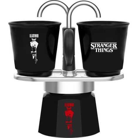 Caffettiera italiana - BIALETTI - Set Mini express - Collezione Stranger Things - Con 2 tazze termosensibili - Nero / Rosso
