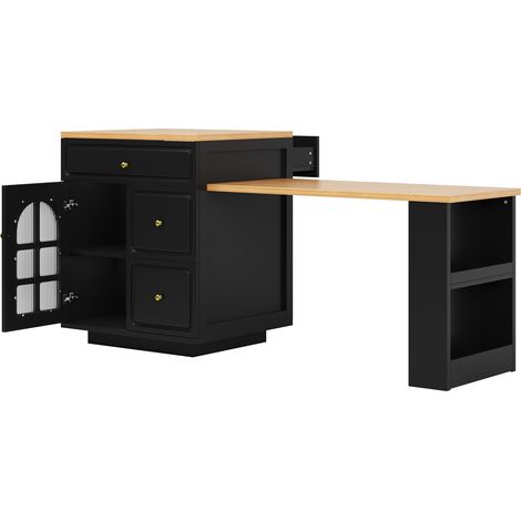 Îlot de cuisine extensible avec tiroirs, LED RGB, finition bois et verre, 122,5–195,5 cm, noir (1/5)