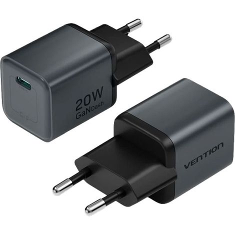 El cargador Vention GaN USB-C de 1 puerto y 20W en color gris antracita combina eficiencia y diseño compacto para satisfacer las necesidades de carga