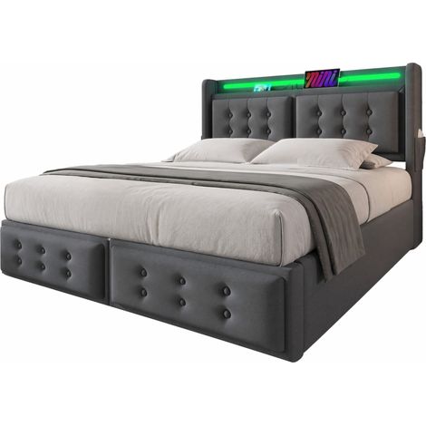 CHICFURN lit coffre 160 x 200 tête de lit capitonnée éclairage intégré prises et ports de charge gris AB20966162G (1/5)