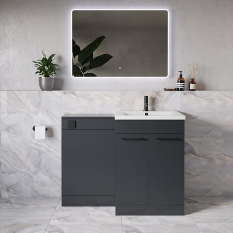 Napoli 460 Gloss Grey 1100mm 2 Door Vanity Unit Toilet Suite with Glide Basin - 1100mm - Matt Black 160mm HandleWithout Kingston Toilet Pan