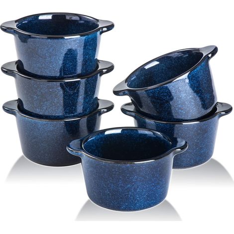 Lot de 6 mini ramequins en céramique pour crème brûlée - Passe au four - 170 ml - Pour la cuisson individuelle - Bleu (1/5)