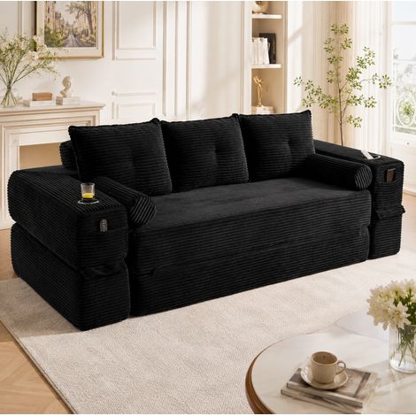MODFU – Lit banquette convertible velours côtelé noir – 3 places et rangement – Porte-gobelet – 232x98 cm – Noir (1/5)