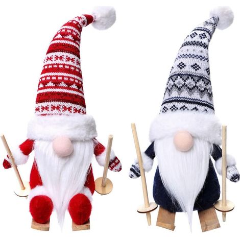 (2 Pièces) Gnomes de Ski de Noël, Poupée en Peluche Tricotée à Main Gnomes avec Bois Skis et Bâtons de Ski pour Décor de Noël Bureau Cheminées Fête (1/5)