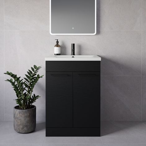 Napoli 460 Nero Oak 600mm 2 Door Vanity Unit with Glide Basin - 600mm - Matt Black 160mm Handle