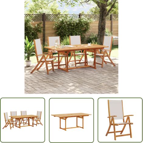 The Living Store Ensemble à manger de jardin 5pcs bois d'acacia solide textilène - Ensemble Salon De Jardin - Mobilier De Jardin - Table De Jardin Extensible - Chaise Pliante - Acacia Massif (1/5)