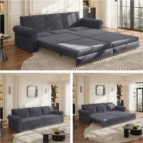 Canapé-lit coulissant 3-en-1 238x90x98 cm en velours gris, gain de place pour salon – MEUBLIV (1/5)