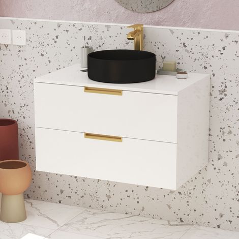 Mueble de baño 80cm Blanco y Oro Dorado - 2 Cajones - Lavabo Redondo Negro