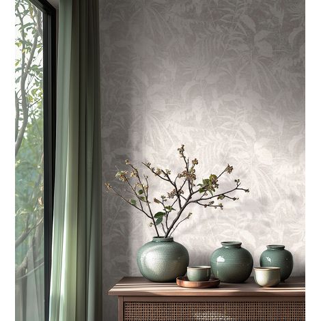 Papier peint intissé Palmiers & Feuilles Beige, Crème, Gris, Argent, Blanc - 10,05 x 0,53 m (1/5)