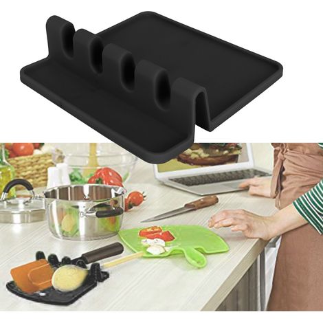 Tapis de cuillère à soupe en silicone alimentaire, support multifonction pour spatule et ustensiles de cuisine, noir (1/5)