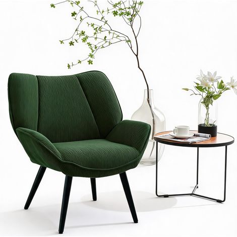 Fauteuil d'appoint 1 place en velours côtelé, style wingback/tub moderne - Dossier haut, assise rembourrée - Accoudoirs évasés, pieds métal - Couleur: Corduroy Green (1/5)