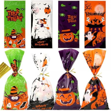 Sachets à friandises d'Halloween - Lot de 50 sachets à bonbons en cellophane 12,5 x 27,5cm avec attaches torsadées (1/5)