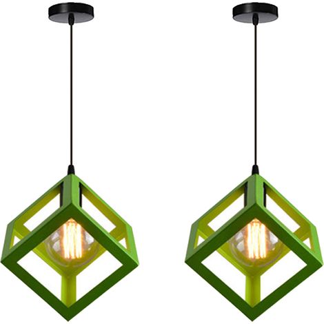 2pcs Creative Pendant Light Square, Modern Metal Geometric Hanging Ceiling Lamp Cube Cage Chandelier Fixture (Green)