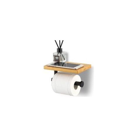 Porte Papier Toilette avec Etagère Bambou Salle de Bain Porte Rouleau en Acier Inoxydable SUS304 Support Mural Noir Mat,Version percée
