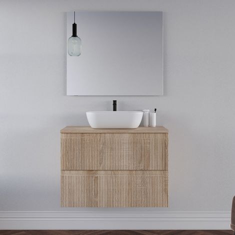 Meuble de salle de bain 80cm avec plateau et vasque à poser arrondie - 2 tiroirs - cambrian (chêne clair) - RIBERA (1/5)