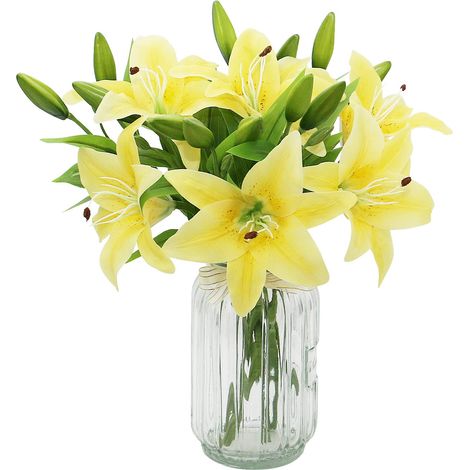 Lot de 6 lys artificiels blancs, fleurs artificielles en plastique, lys artificiels au toucher réaliste, décoration intérieure, décoration de mariage et de fête (Jaune, 6)-AquaForge (1/5)