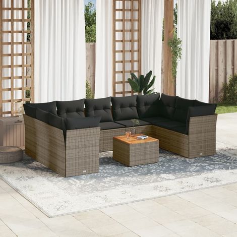 Salon de Jardin 10 Pièces en Résine Tressée Gris avec Coussins, Table Acacia Ensemble Modulaire (1/3)