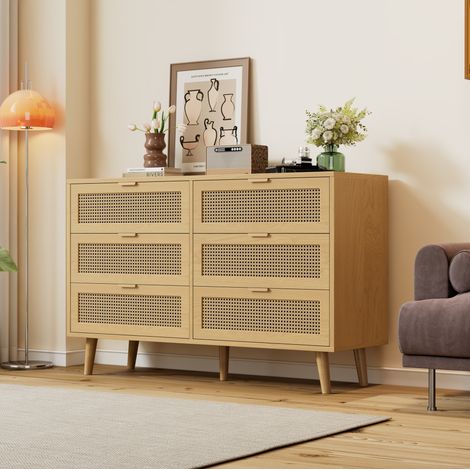 Comodino a 6 cassetti, 120 x 40 x 76,5 cm, con maniglie in metallo, colore noce DESVIAE (1/5)