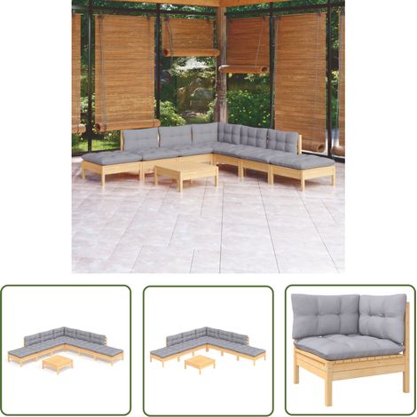 The Living Store 8-tlg. Garten-Lounge-Set mit Grauen Kissen Kiefernholz - Gartensessel - Lounge Set - Gartenmöbeln - Outdoor Möbel - Rattan Sessel (1/5)