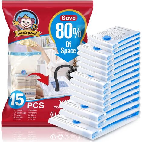 Sacs de Rangement Sous Vide Aspirateur Housses de Rangement Sous Vide Lot de 15 1XXL + 2XL + 5L + 5M + 2S Voyages Réutilisables pour Matelas, Vêtements, Couettes, Literie, Oreillers (1/5)