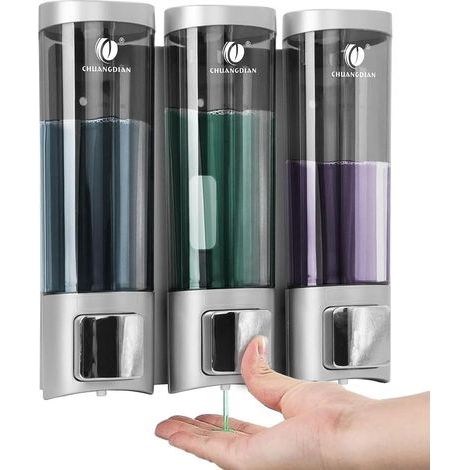 Seifen-/Shampoospender – 3 Fächer à 200 ml – Wandmontage ohne Bohren – Für Badezimmer und Hotel – Silber – 3 x 200 ml (1/5)