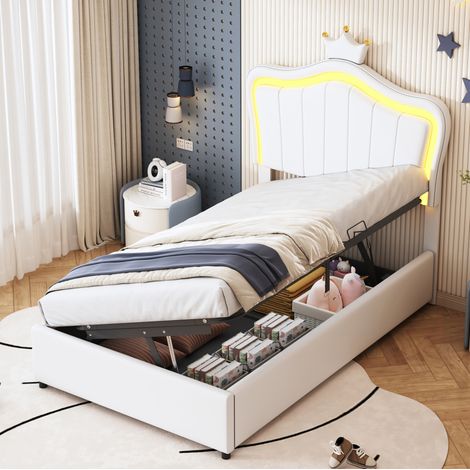 Lit simple enfant 90x200 cm - Lit princesse couronne, avec LED et rangement hydraulique, tête de lit hauteur réglable, sommier à lattes,blanc (1/5)