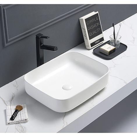 Swiss Aqua Technologies Set lavabo rettangolare freestanding 50x39x13cm senza troppopieno + scarico a scomparsa Infinitio bianco