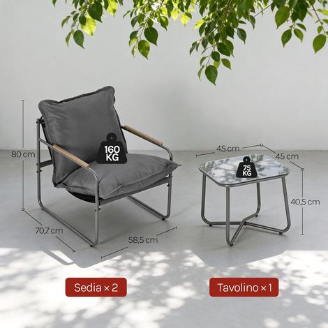 WOLTU Set 3 Pezzi Giardino: 1 Tavolino e 2 Sedie per 2 Persone Grigio