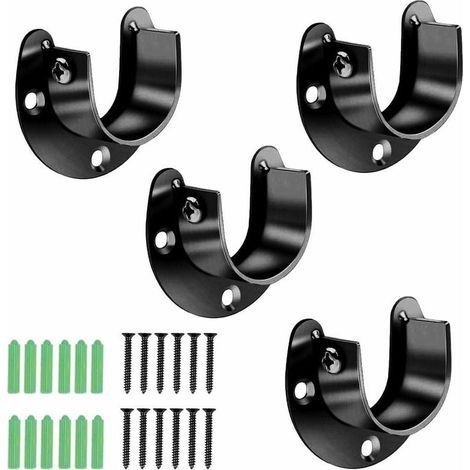 Quatre supports de tringle à vêtements ouverts en acier inoxydable, diamètre d'ouverture noir de 25 mm (1/4)